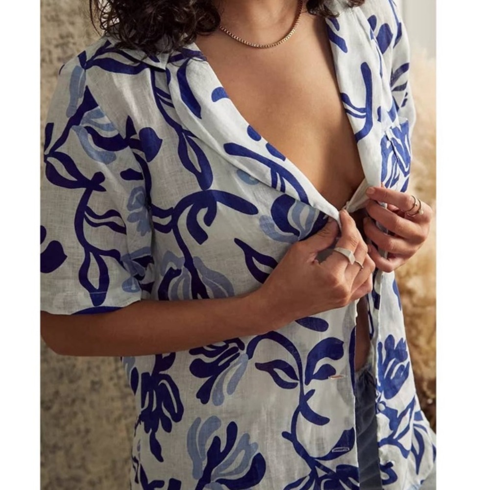 Faithfull the Brand Charlita Shirt Dress In Ensola Floral Blue Mini Dress Linen - Picture 2 of 6